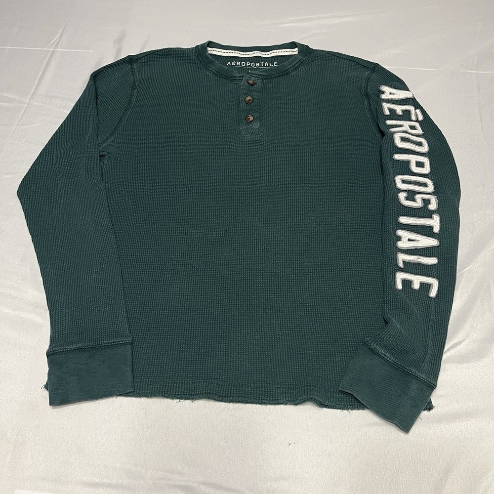 Y2K Aeropostale Henley Thermal Shirt Men's Large Green Waffle Knit Embroidered